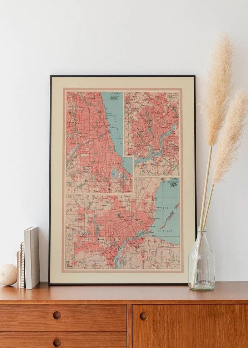 Geographical Map of Chicago, Detroit and Philadelphia| Map Wall Decor