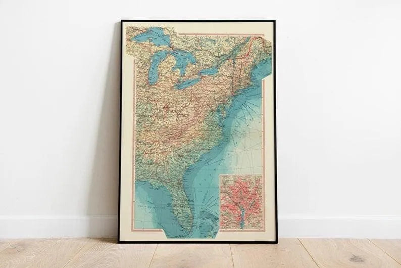 Geographical Map of East Coast of United States| Map Wall Decor