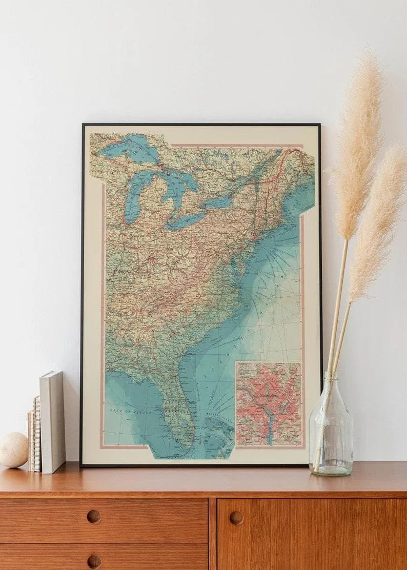 Geographical Map of East Coast of United States| Map Wall Decor