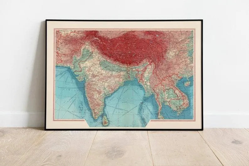 Geographical Map of India and Indochina Map Wall Decor