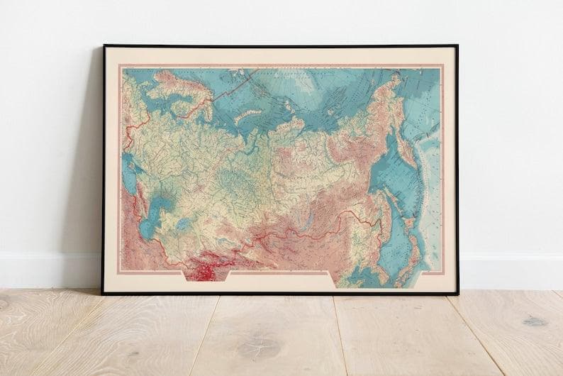 Geographical Map of Soviet Russia| USSR Map Wall Decor 
