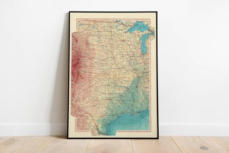 Geographical Map of West Coast of United States| Map Wall Decor Geographical Map of Central United States| Map Wall Decor 