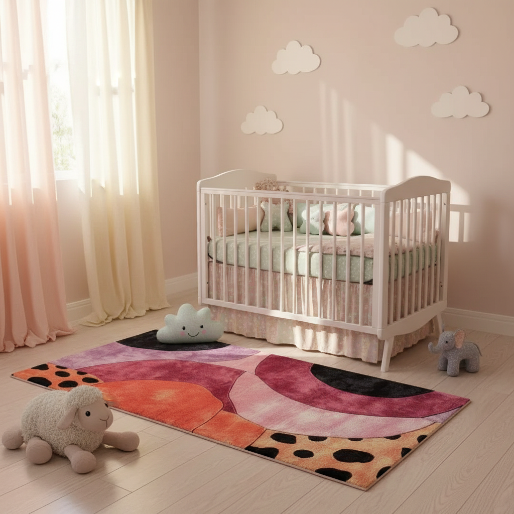 Children's room with crib, colorful rug, and toys on a light wood floor.