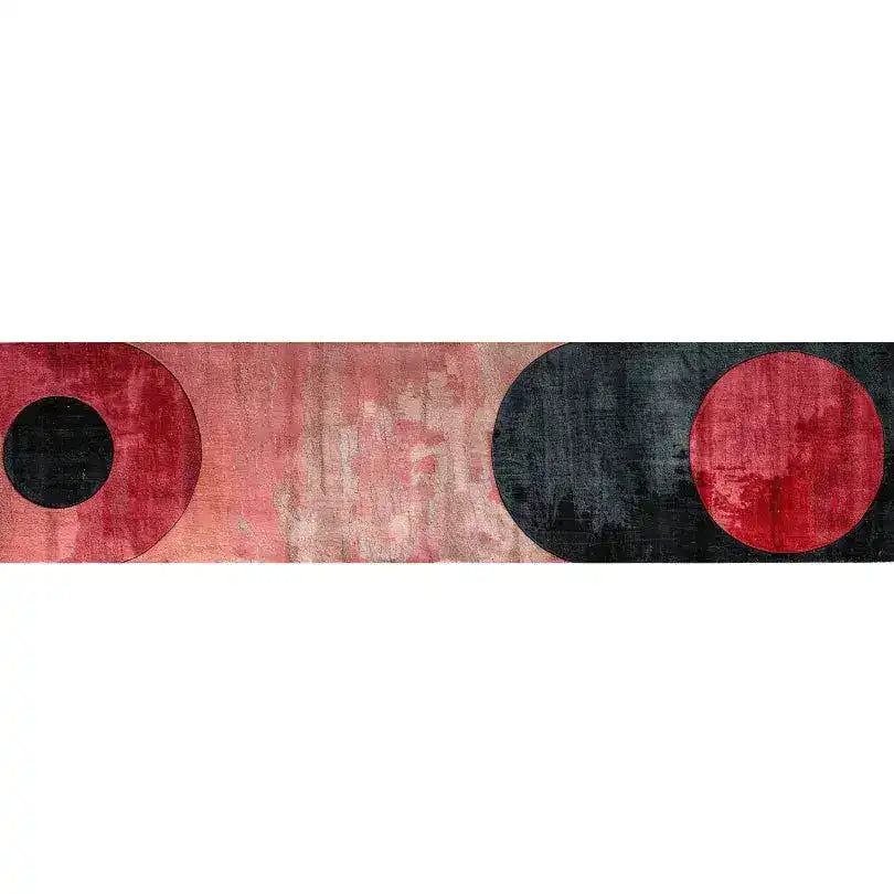 Top view of a Geometric Fusion Hand Tufted Wool Runner Rug, featuring bold abstract circles in rich red and black tones. This stylish area rug is perfect for large living rooms, hallways, or kitchens, adding a contemporary touch with its modern design. Crafted from high-quality wool, this large area rug is both durable and elegant, making it an ideal choice for kitchen runner rugs or bathroom runner rugs.