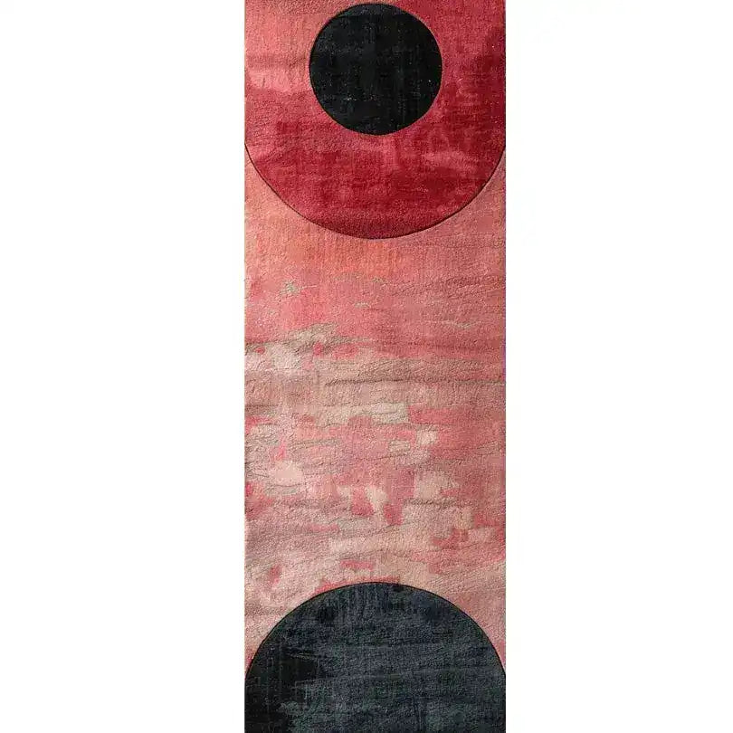 Top view of a Geometric Fusion Hand Tufted Wool Runner Rug, featuring bold red and black circular patterns on a textured pink background. Perfect for adding a contemporary touch to large living areas, kitchens, or hallways.