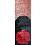 This contemporary handmade wool rug features a striking geometric design with bold red and black circles on a textured background. Ideal as a hallway runner rug or a stylish addition to any room, it's perfect for those looking for large area rugs for living room, kitchen rugs, or a bathroom runner rug.