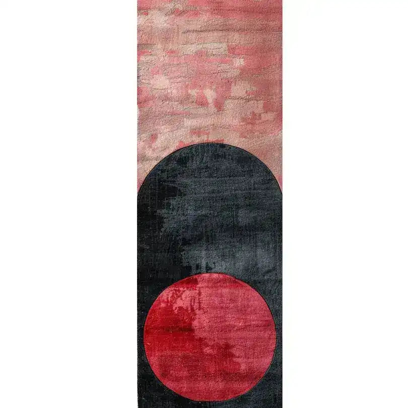 This contemporary handmade wool rug features a striking geometric design with bold red and black circles on a textured background. Ideal as a hallway runner rug or a stylish addition to any room, it's perfect for those looking for large area rugs for living room, kitchen rugs, or a bathroom runner rug.