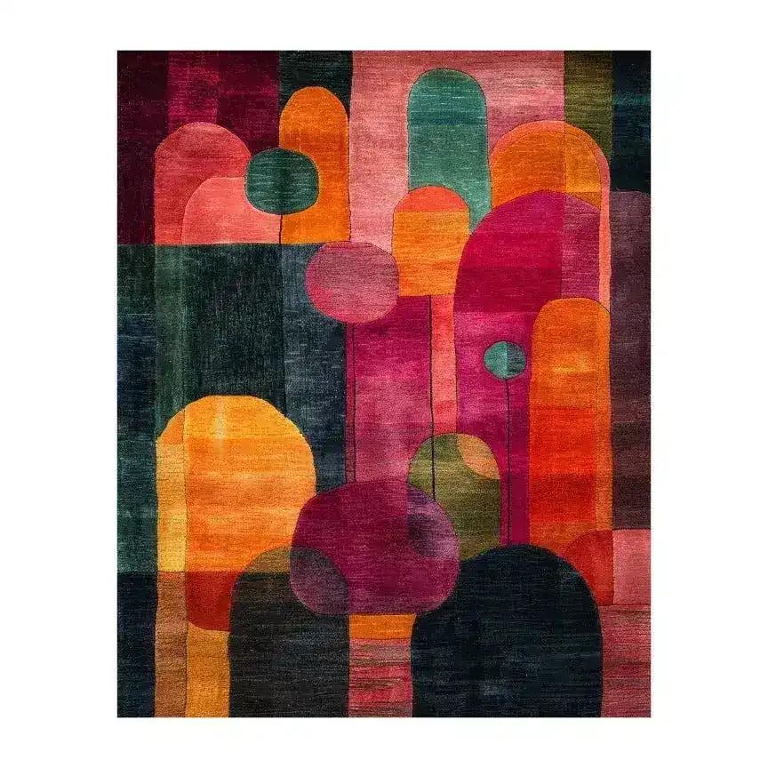Vibrant Geometric Odyssey wool hand-tufted area rug featuring an abstract design with bold, colorful shapes. Perfect for adding a contemporary touch to your living room decor, this luxurious wool rug enhances any space with its rich hues and modern style.