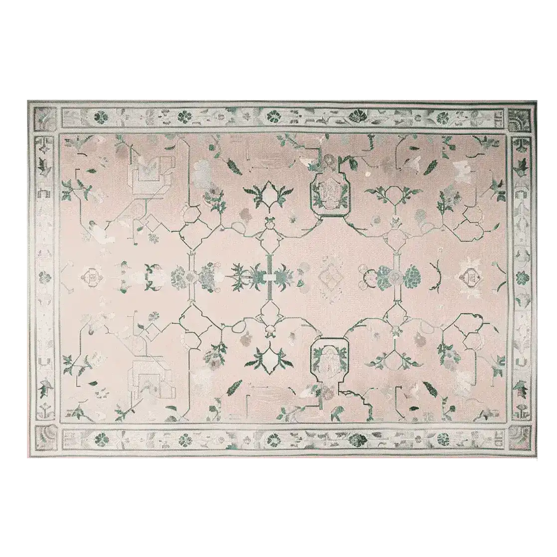 Top view of the Gilded Serenity Hand Tufted Area Rug showcasing an intricate vintage design with floral patterns, ideal for adding elegance to a living room. This wool rug features a harmonious blend of soft colors and detailed craftsmanship.