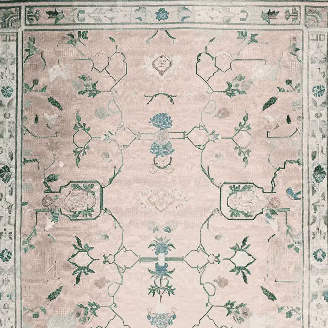 Gilded Serenity Hand Tufted Area Rug featuring an intricate vintage design with floral patterns in soft pink and green hues. This elegant wool rug is perfect for adding a touch of sophistication to any living room.