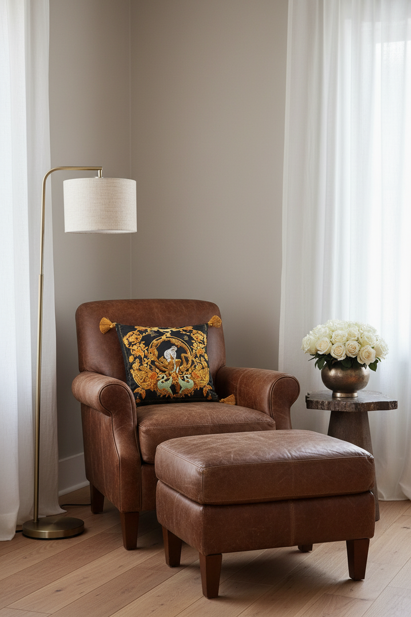 A brown leather armchair with a matching ottoman in a styled room corner, featuring a black and gold patterned accent pillow, a floor lamp, and a side table with white flowers.