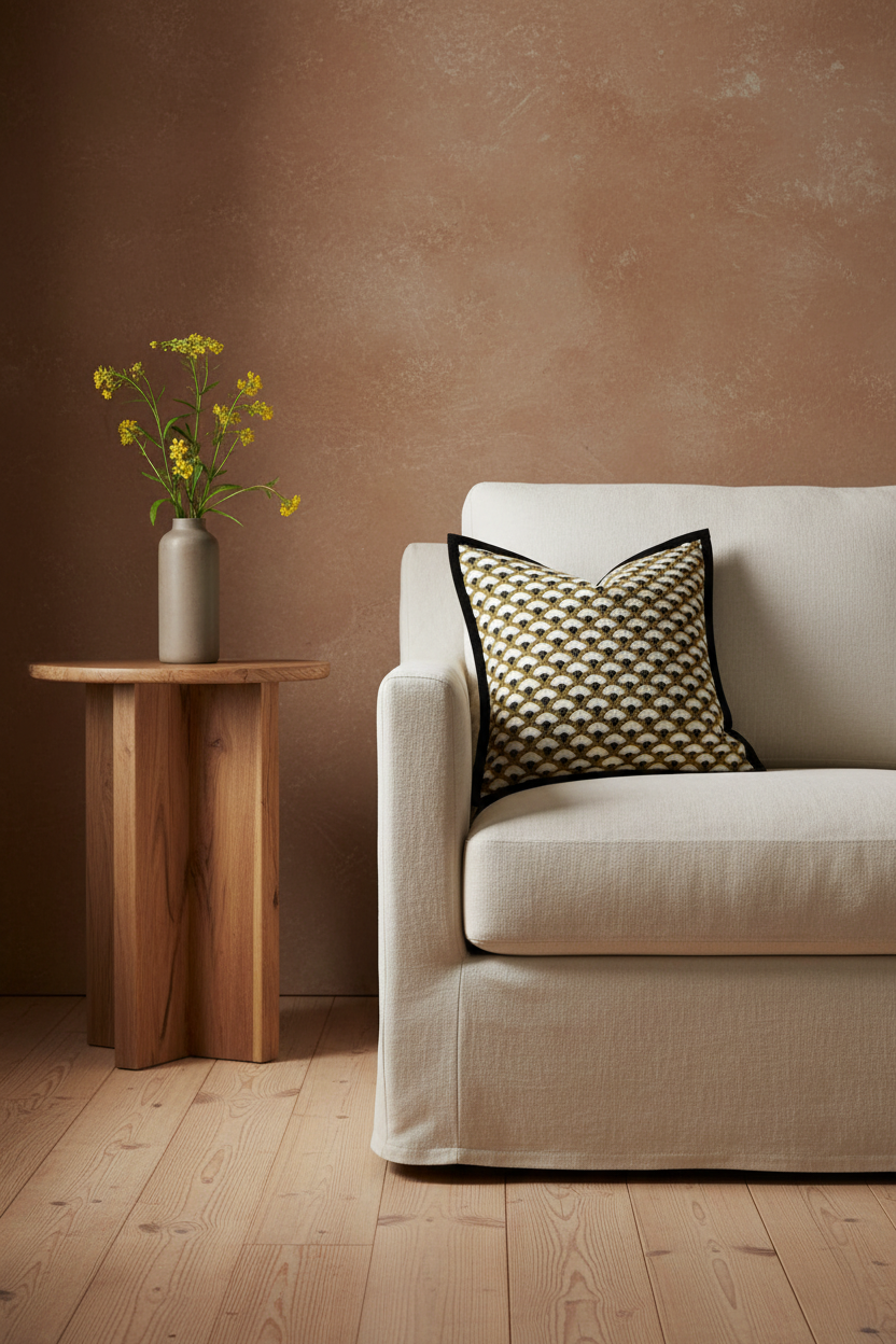 A light gray upholstered armchair with a black and gold patterned accent pillow, set in a room with gray wood-paneled walls, a lit floor lamp, and a wooden side table.
