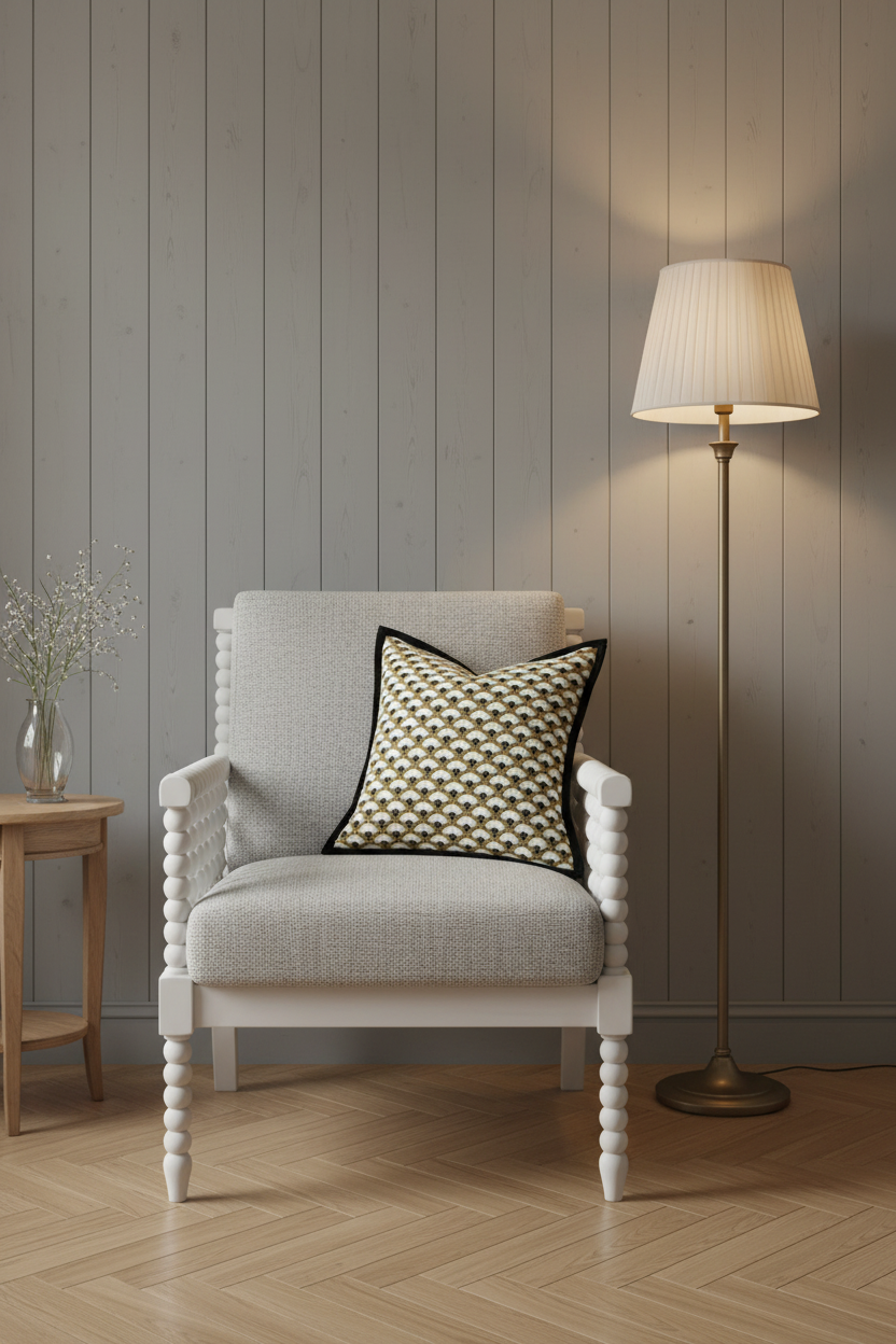 A light gray upholstered armchair with a black and gold patterned accent pillow, set in a room with a gray wood-paneled wall, a lit floor lamp, and a small wooden side table.