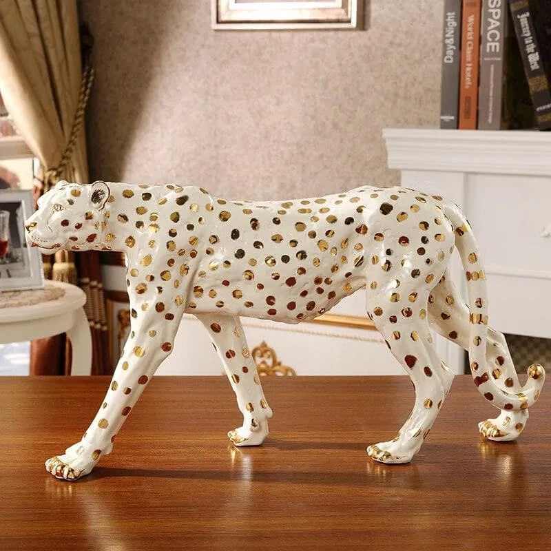 Glamorous White and Gold Leopard Statue Walking Leopard