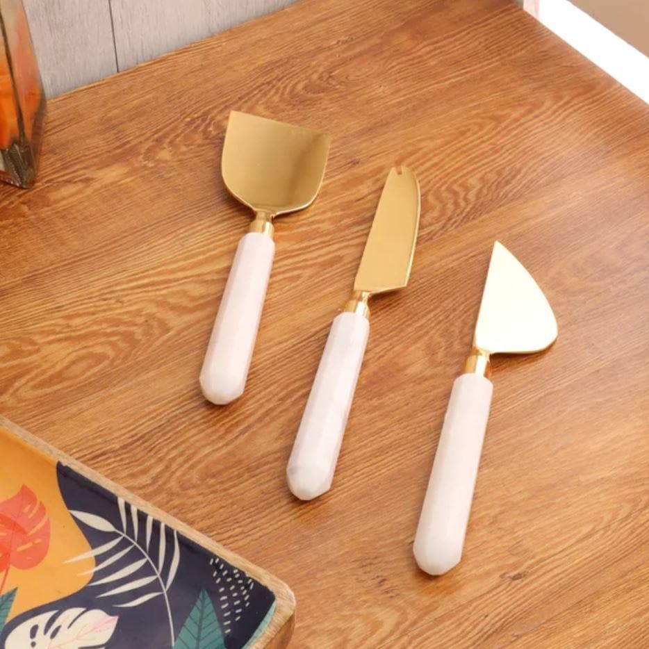 Gold Finish Marble Handle Cheese Knife Pieces, Set of 3 