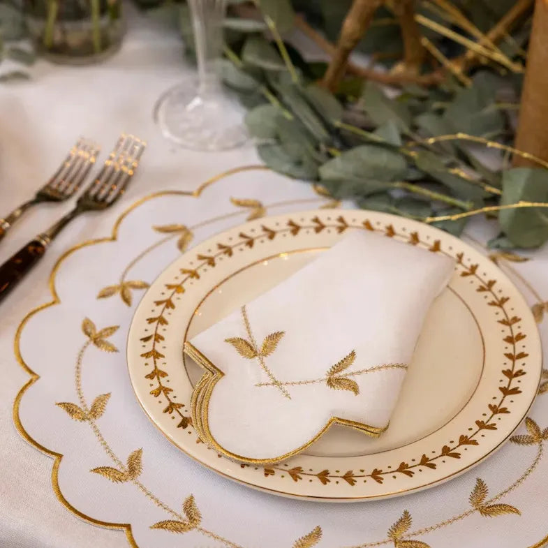 Gold-Trimmed Elegance Placemats. These exquisite placemats feature a stunning gold trim, adding a touch of opulence and sophistication to any dining table.