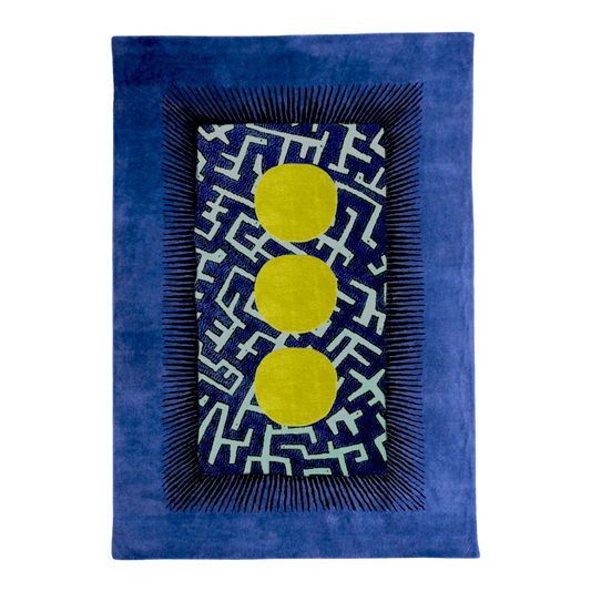 Golden Trim Minimalist Geometric Hand Tufted Rug - Pink Valley of the Suns Hand Tufted Wool Rug - Blue and Yellow Valley of the Suns Hand Tufted Wool Rug - Blue and Yellow