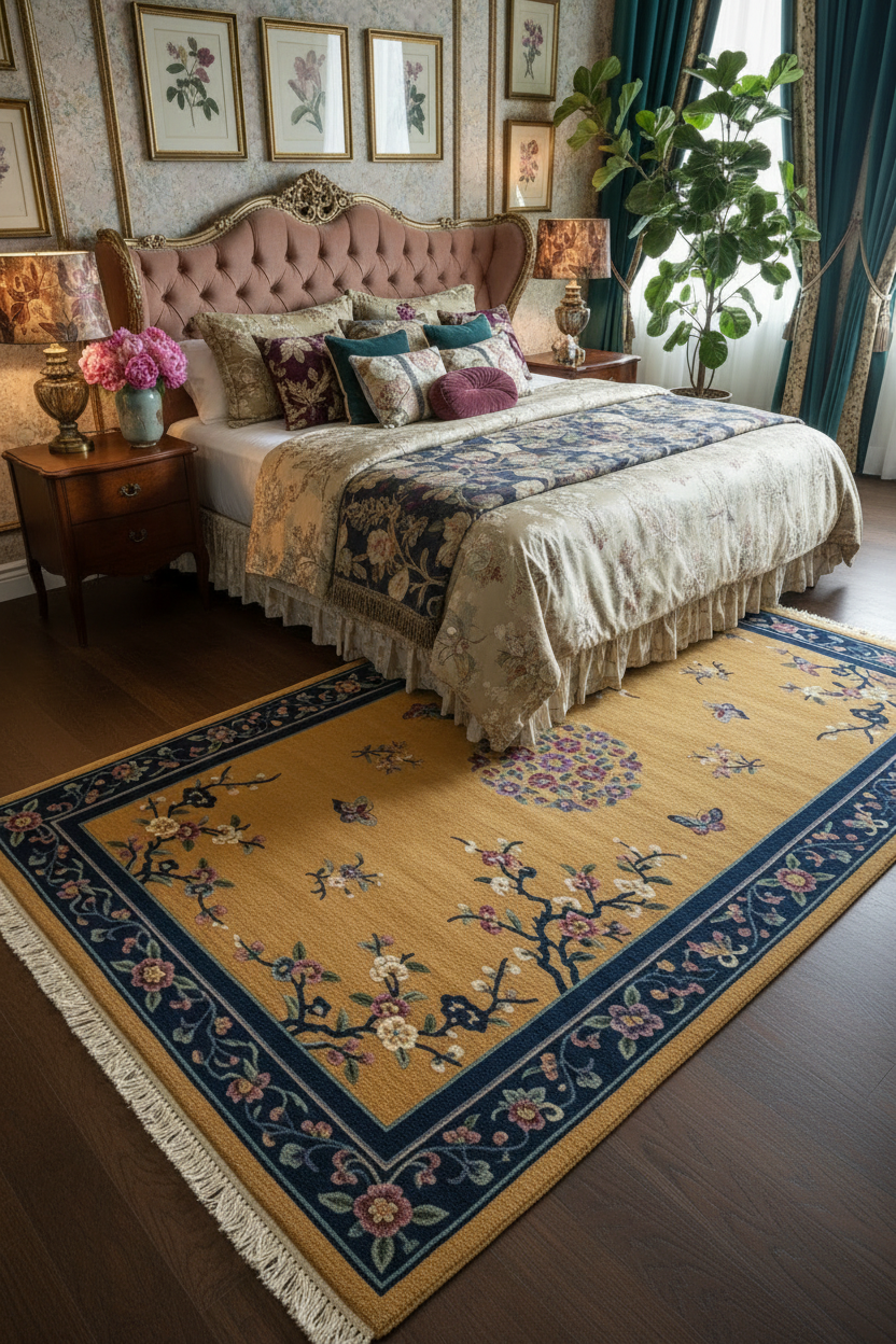 Golden Blossom Butterfly Hand Knotted Rug