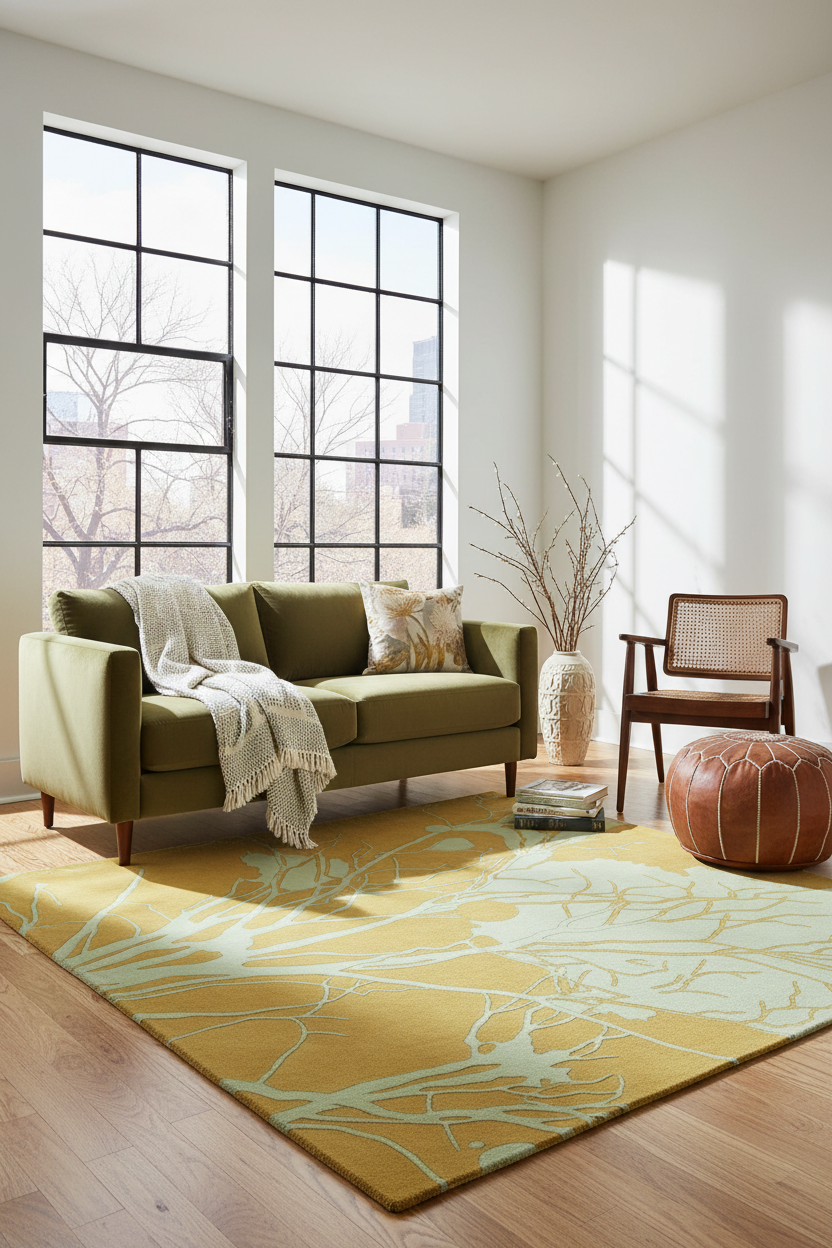 A styled living room scene featuring a mustard yellow and sage green patterned area rug on a light wood floor, with an olive green sofa, a brown leather pouf, and a mid-century modern chair under natural light from large black-framed windows.