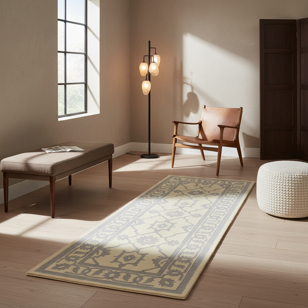 A long rectangular area rug with a beige and gray traditional floral pattern is styled in a modern, sunlit room with light wood floors, a pink armchair, a bench, a floor lamp, and a white pouf.