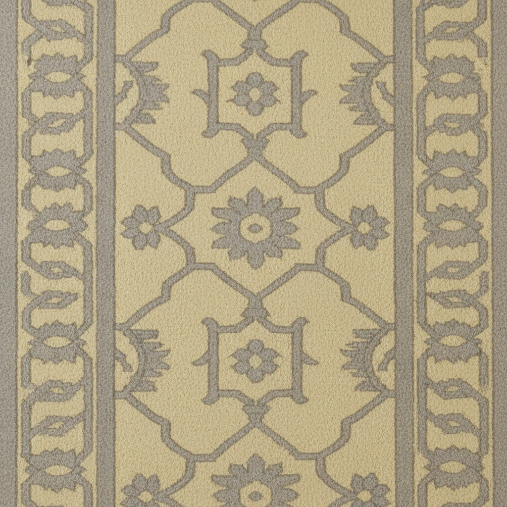 A close-up of a patterned area rug with a beige background and a gray geometric lattice design and border.