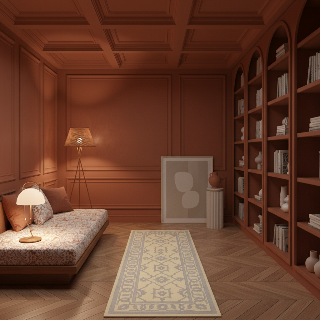 A styled interior room with warm terracotta walls, built-in bookshelves, a wooden floor, a patterned area rug, a daybed with cushions, and lit lamps. This is not a clean isolated product shot, and no single sellable product is clearly centered; it reads as a room-scene or decor lifestyle image, so subject_type is Lifestyle.