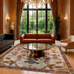 Elegant living room featuring a Golden Glory Square Hand Tufted Wool Rug with a floral design. The square area rug perfectly complements the luxurious setting with a classic chandelier and large windows. Ideal for bedrooms or as a large living room rug, this wool rug adds warmth and style to any space.