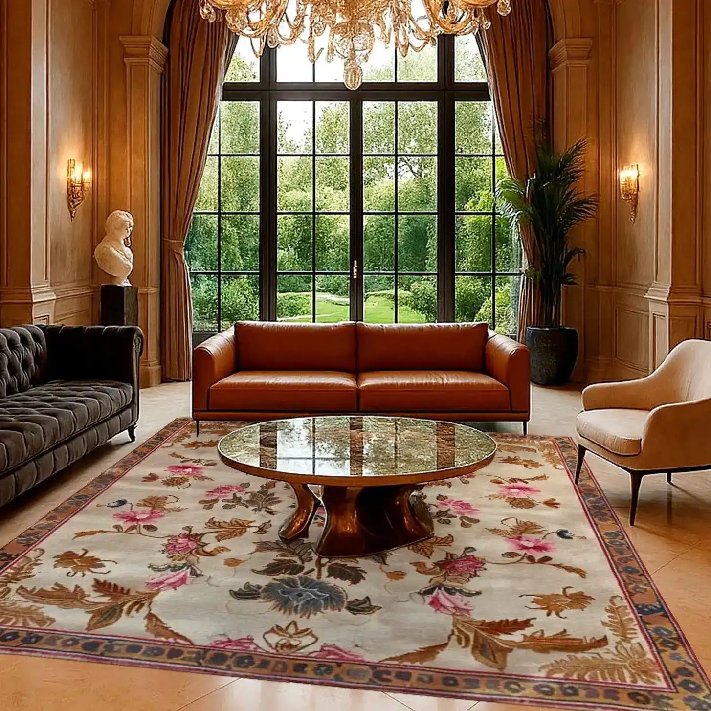 Elegant living room featuring a Golden Glory Square Hand Tufted Wool Rug with a floral design. The square area rug perfectly complements the luxurious setting with a classic chandelier and large windows. Ideal for bedrooms or as a large living room rug, this wool rug adds warmth and style to any space.