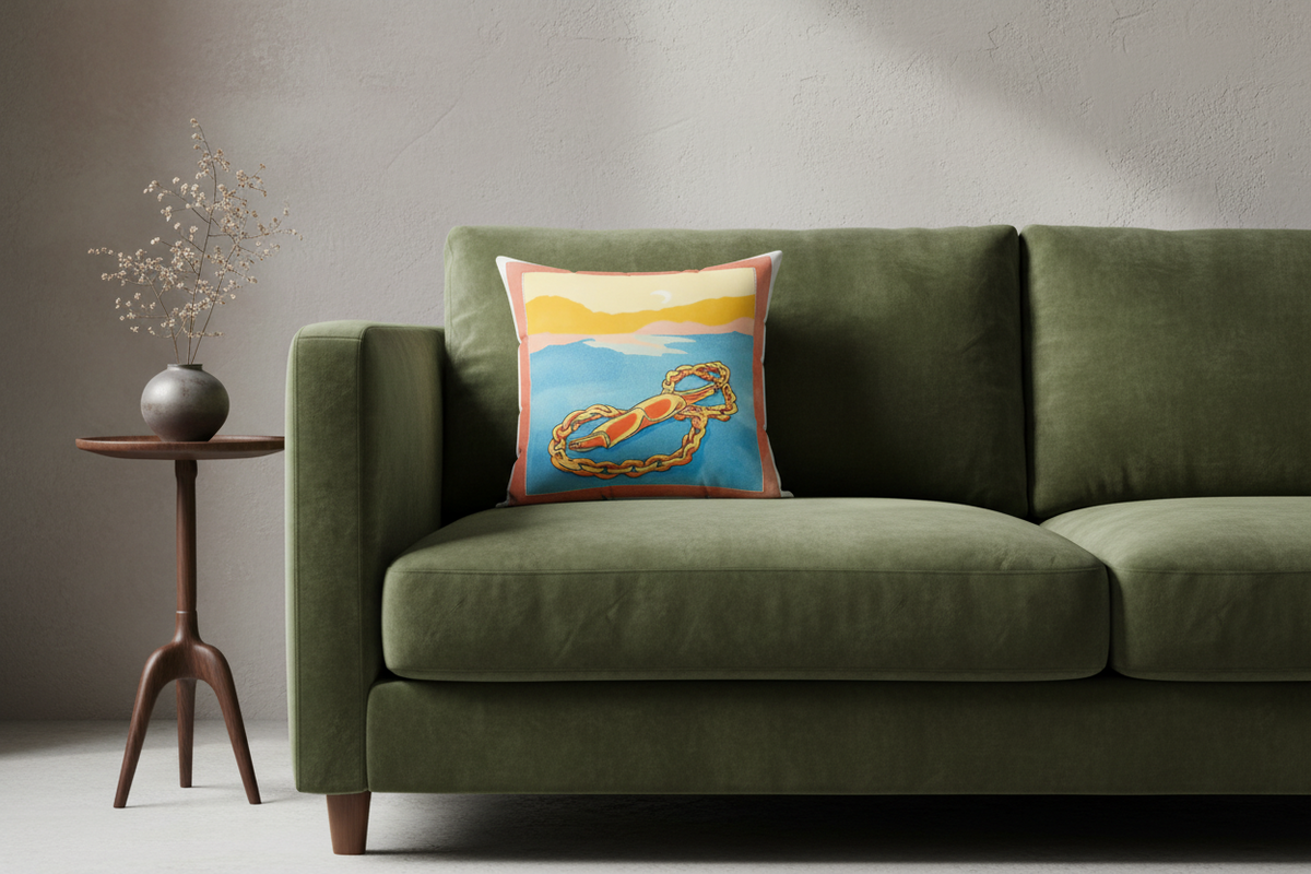 An olive green velvet sofa in a minimalist living room setting, styled with a square throw pillow featuring a colorful beach sunset illustration and a small wooden side table with a vase of dried branches.