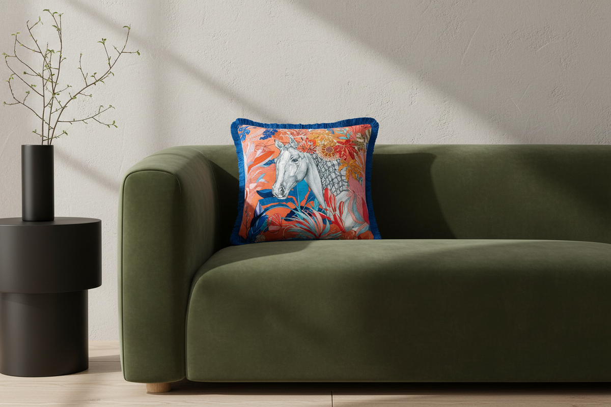 A square decorative throw pillow with a colorful tropical print of a white horse and blue floral details, styled on an olive green velvet sofa next to a black side table.