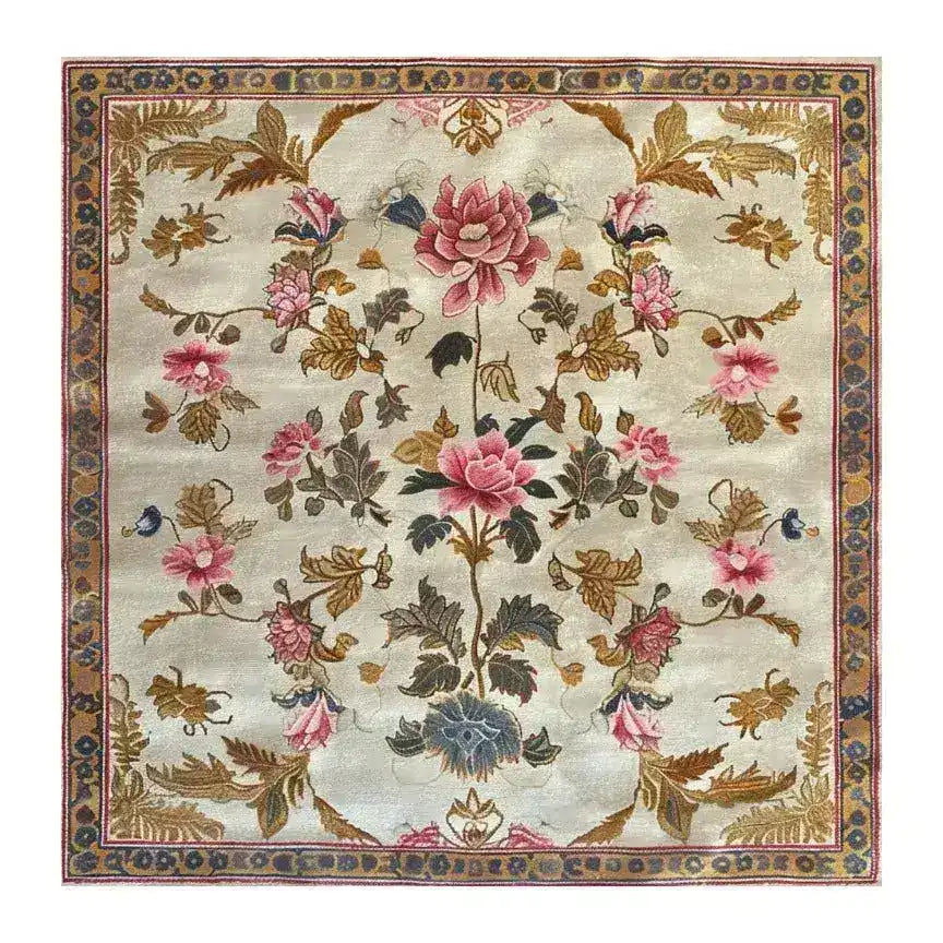 Beautiful Golden Glory Square Hand Tufted Wool Rug featuring a detailed floral design in vibrant pinks and greens, perfect for adding a touch of elegance to your bedroom or living room. This large area rug is ideal for spacious living areas, offering both comfort and style as a wool rug.