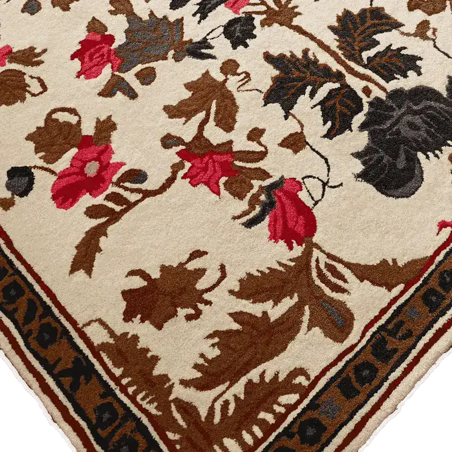 Close-up of the Golden Glory Square Hand Tufted Wool Rug showcasing its intricate floral design with vibrant red, brown, and black patterns on a cream background. This elegant square area rug is perfect for adding a touch of sophistication to a bedroom or large living room, enhancing the space with its luxurious wool texture.