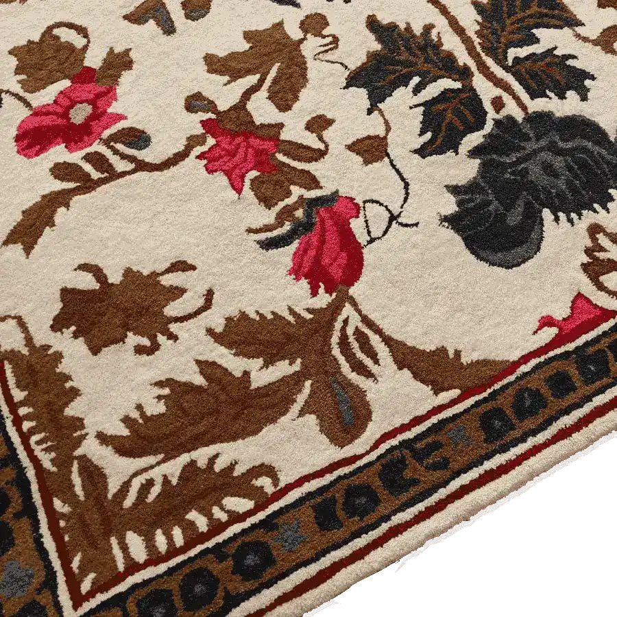Close-up view of the Golden Glory Square Hand Tufted Wool Rug showcasing its intricate floral design. This luxurious square area rug features rich red and brown floral patterns with a detailed border, perfect for adding a touch of elegance to a bedroom or living room. Ideal for those seeking large living room rugs or wool area rugs for living room spaces.