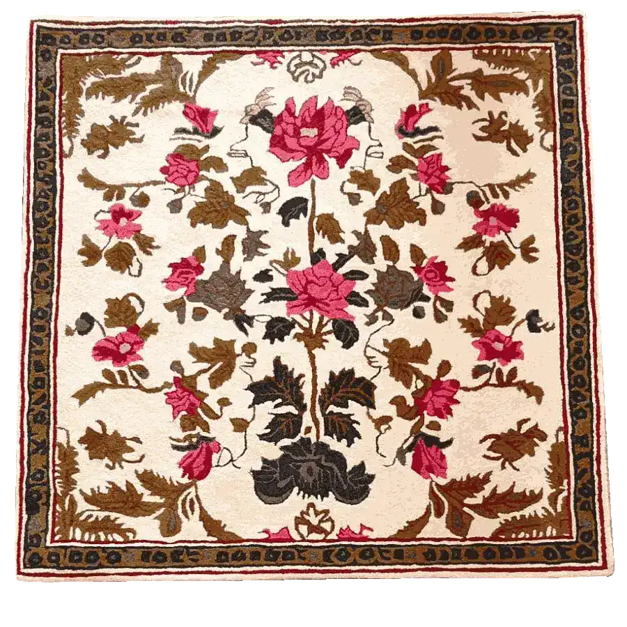 Elegant Golden Glory Square Hand Tufted Wool Rug showcasing a vibrant floral pattern. This area rug is perfect for adding warmth and style to your bedroom or large living room. Ideal as a square area rug, it features intricate pink and brown floral designs on a light background, making it a stunning centerpiece for any living room space.