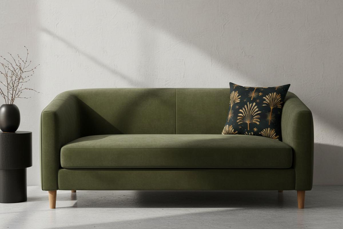 A square throw pillow with a black background and gold palm tree pattern, styled on a white sofa against a beige wall.