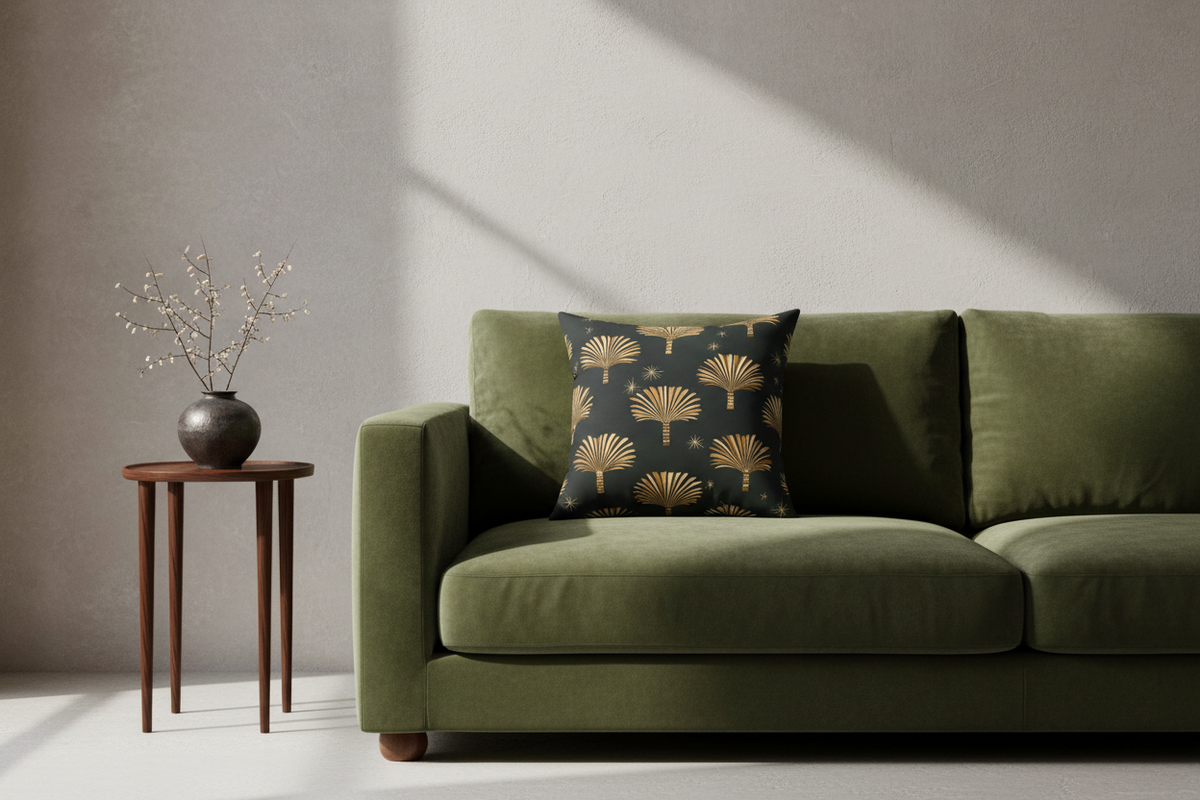 An olive green velvet sofa in a modern living room setting, styled with a dark green throw pillow featuring a gold palm tree pattern. A small wooden side table with a dark vase of dried branches stands to the left against a textured gray wall with diagonal sunlight shadows.