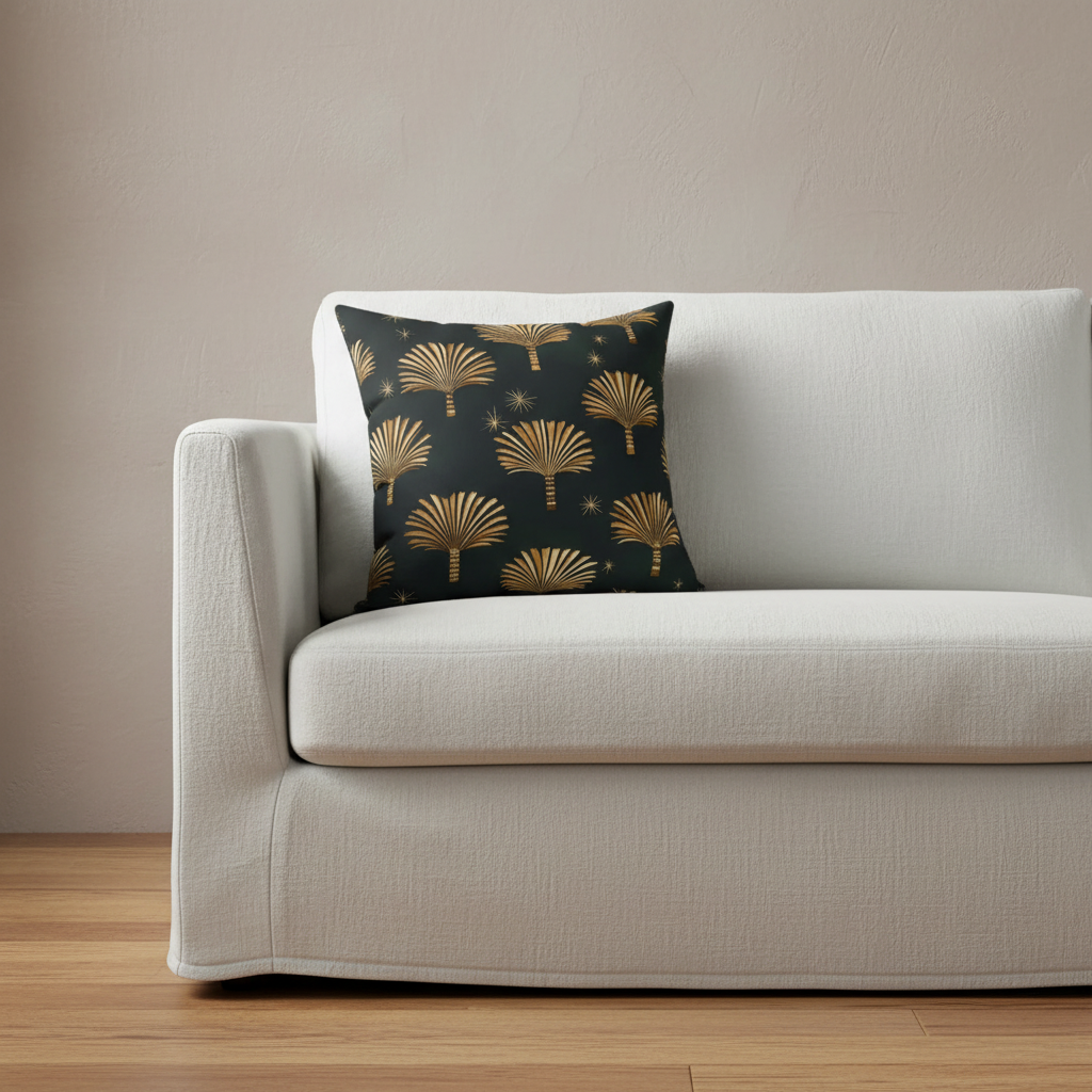 An olive green velvet sofa in a modern living room setting, styled with a dark green throw pillow featuring a gold palm tree pattern. A small wooden side table with a dark vase of dried branches stands to the left against a textured gray wall with diagonal sunlight shadows.