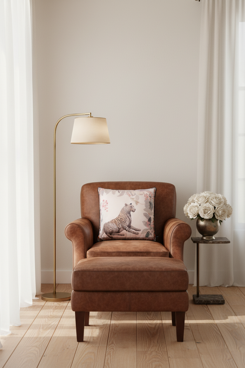 A light beige fabric slipcovered sofa with a decorative throw pillow featuring a leopard print, set against a textured beige wall and light wood flooring.