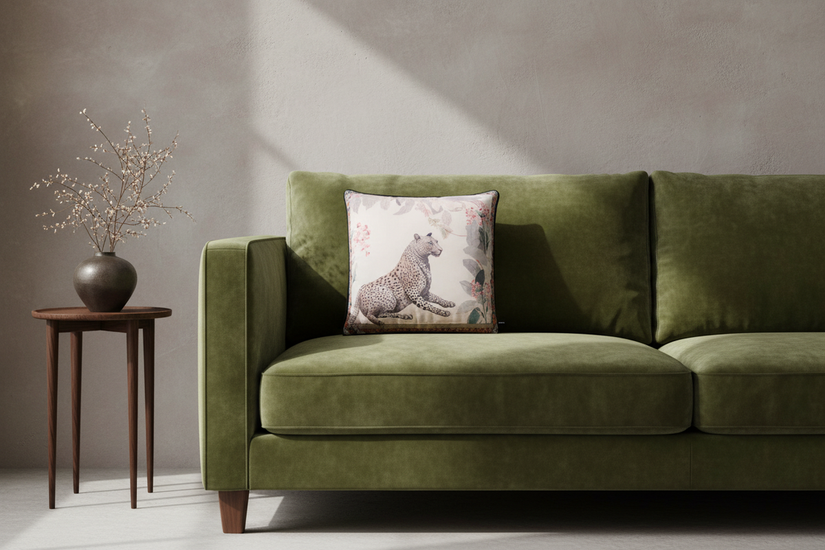 Graceful Gaze Leopard cushion cover with a big cat face print on a green sofa by a terracotta wall