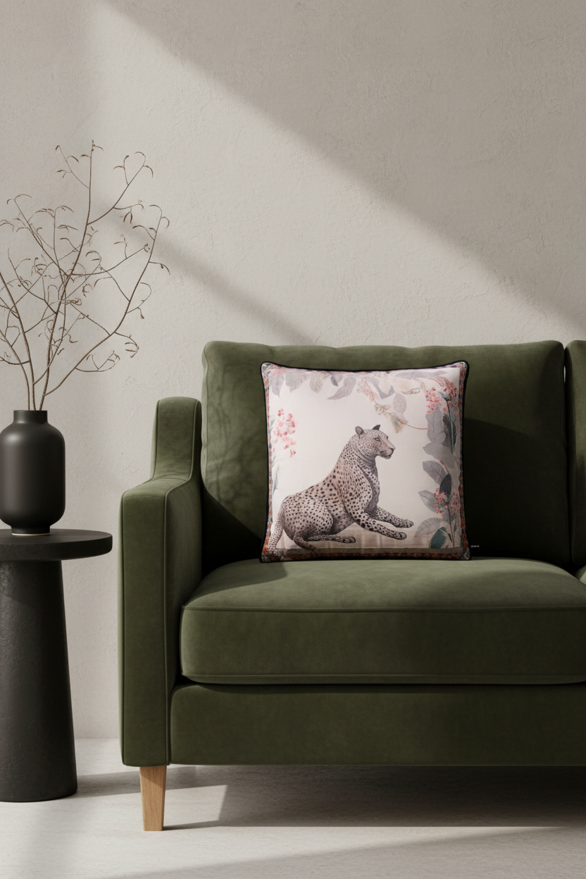 A light beige fabric slipcovered sofa with a decorative throw pillow featuring a leopard print, set against a textured beige wall and light wood flooring.