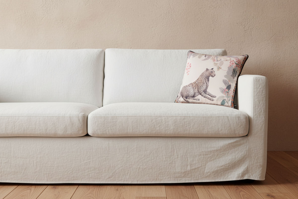 A light beige fabric slipcovered sofa with a decorative throw pillow featuring a leopard print, set against a textured beige wall and light wood flooring.