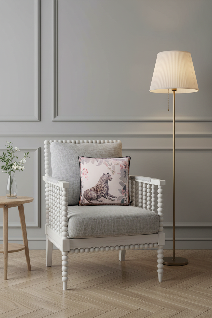 A light beige fabric slipcovered sofa with a decorative throw pillow featuring a leopard print, set against a textured beige wall and light wood flooring.