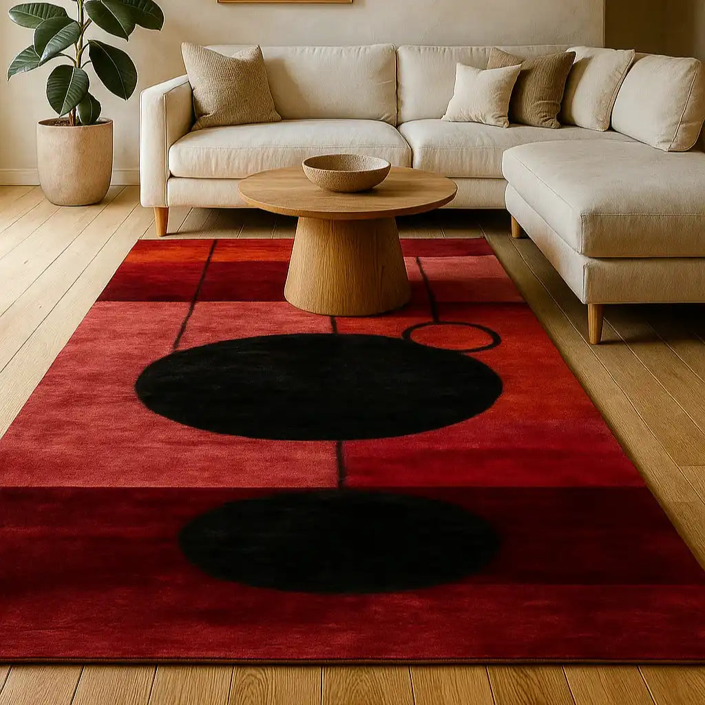 A contemporary Graphic Grid Hand Tufted Wool Runner Rug in a modern living room setting. This vibrant area rug features bold red and black geometric patterns, perfect for office spaces, hallway runner rugs, or as a statement piece in large areas. The wool rug complements the sleek, minimalist furniture, adding warmth and style to the room.