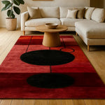 A contemporary Graphic Grid Hand Tufted Wool Runner Rug in a modern living room setting. This vibrant area rug features bold red and black geometric patterns, perfect for office spaces, hallway runner rugs, or as a statement piece in large areas. The wool rug complements the sleek, minimalist furniture, adding warmth and style to the room.