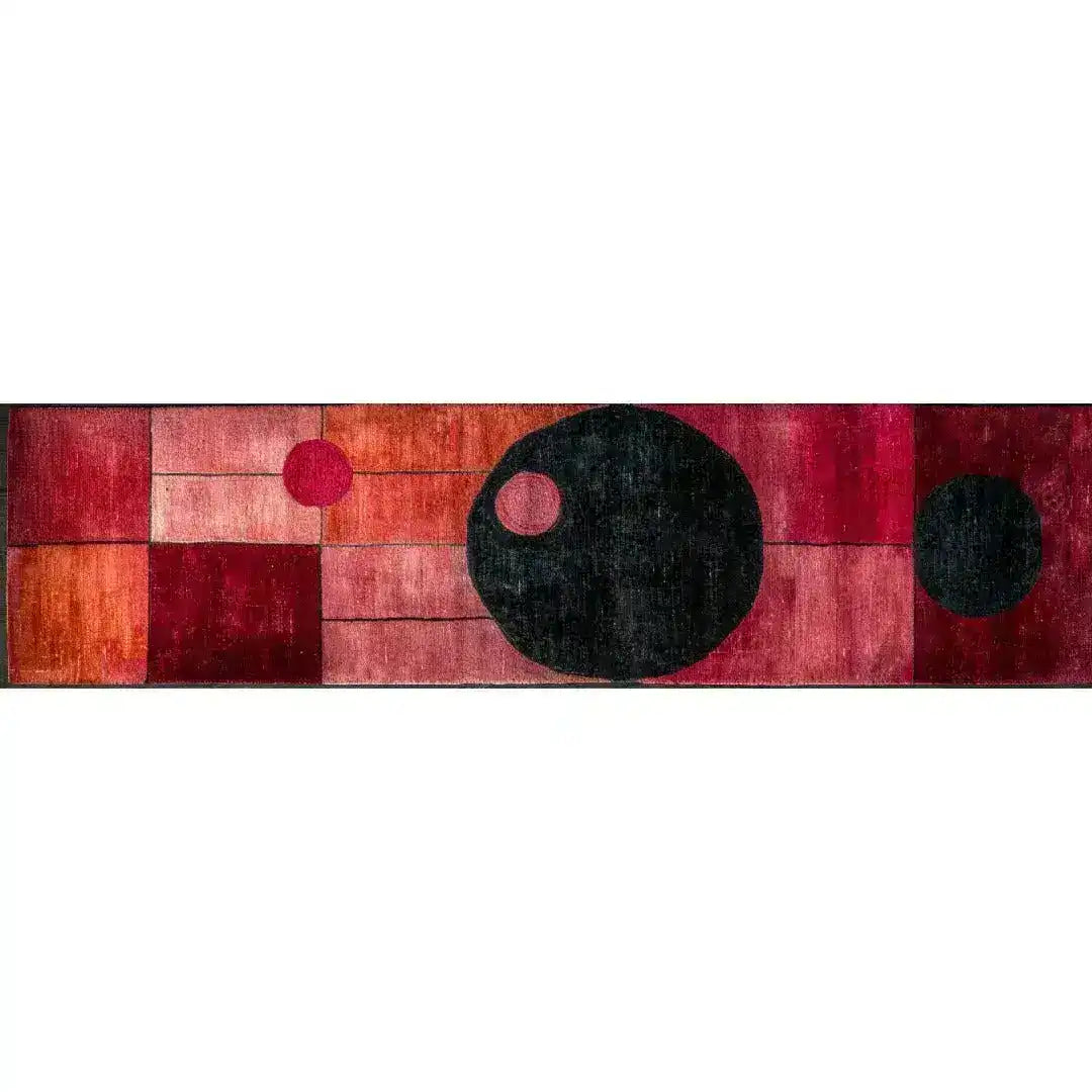 A contemporary Graphic Grid Hand Tufted Wool Runner Rug featuring bold geometric patterns in rich hues of red and black, perfect as an area rug for a hallway or office space.