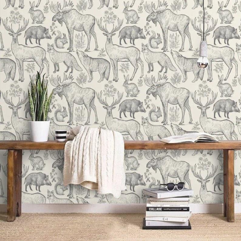Gray and Blue Pointy Mountain Hills Nursery Wallpaper Vintage Gray Forest Animals Wallpaper 