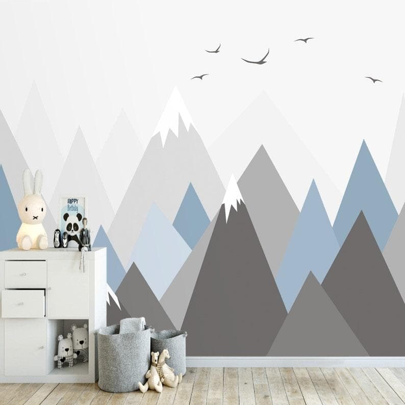 Gray and Blue Pointy Mountain Hills Nursery Wallpaper 