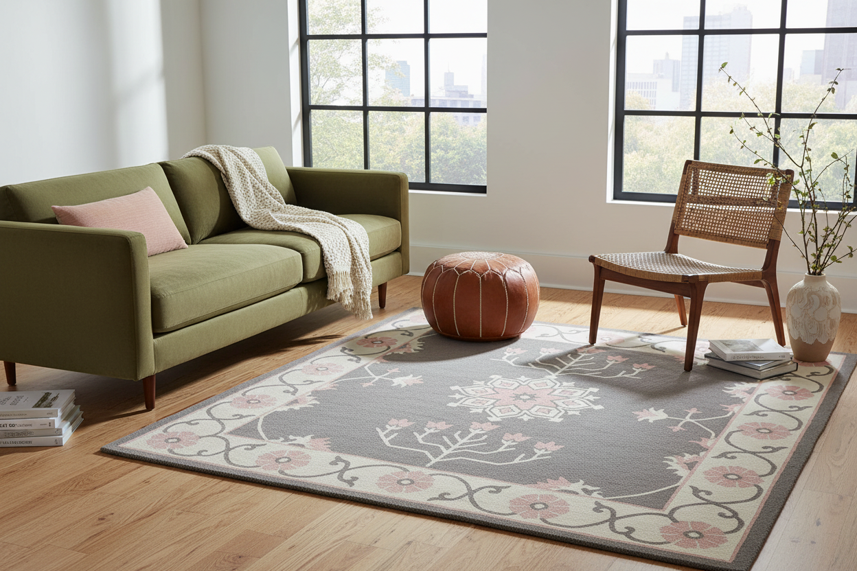 Gray Botanical Heritage Square Hand Tufted Rug