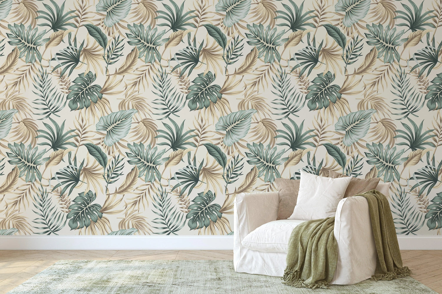 Green Palm Leaves Tropical Boho Watercolor Wallpaper