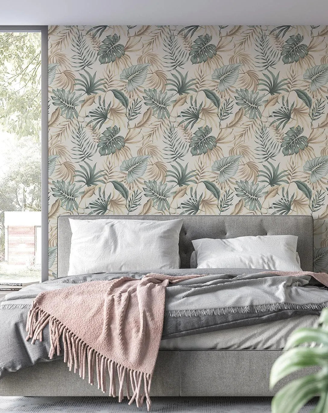 Green Palm Leaves Tropical Boho Watercolor Wallpaper